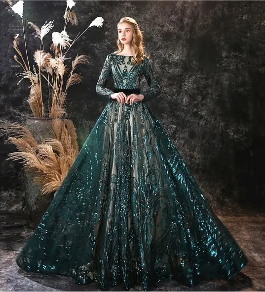 New A-line Long Sleeves Illusion Lace-up Sweep Train Boat Neck Luxury Evening Dress