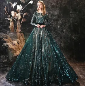 New A-line Long Sleeves Illusion Lace-up Sweep Train Boat Neck Luxury Evening Dress