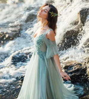 New Beautiful Evening Dress Green V-neck Sweep Train Appliques Sequins Long Prom Formal Gown