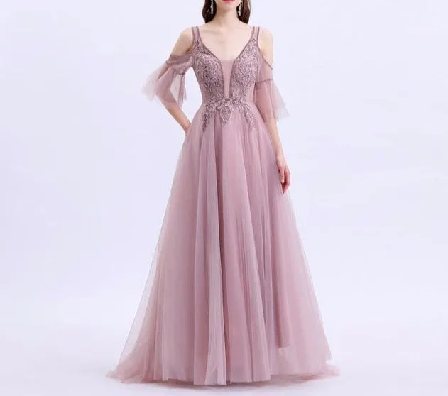 New Beautiful Evening Dress Green V-neck Sweep Train Appliques Sequins Long Prom Formal Gown