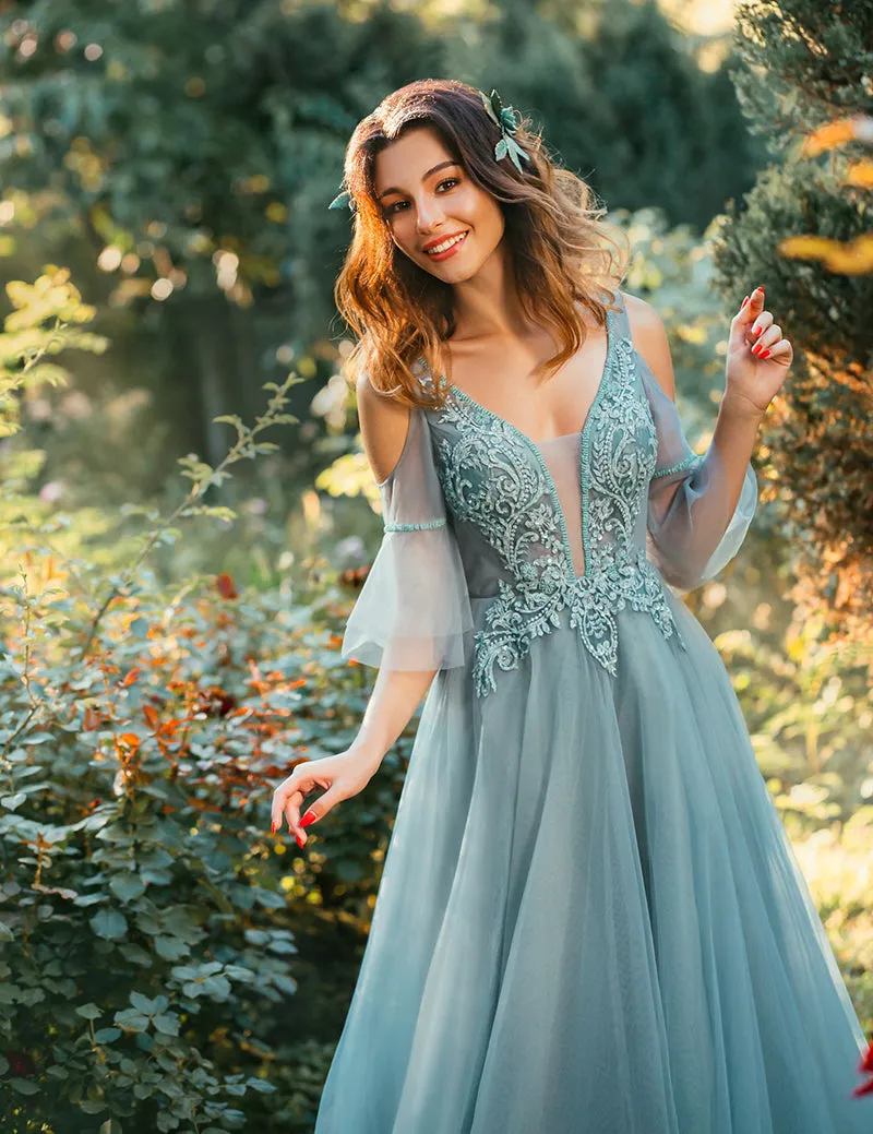 New Beautiful Evening Dress Green V-neck Sweep Train Appliques Sequins Long Prom Formal Gown