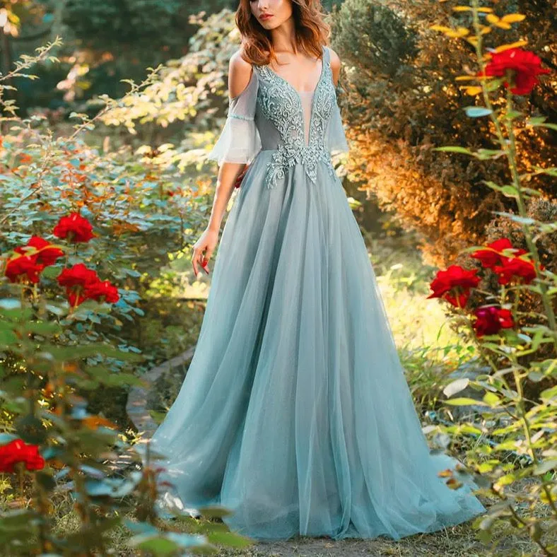New Beautiful Evening Dress Green V-neck Sweep Train Appliques Sequins Long Prom Formal Gown
