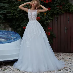 New Illusion O Neck Off Shoulder Tulle A-Line Wedding Dresses Appliqued Pearls Sequined Floor Length Bridal Gowns
