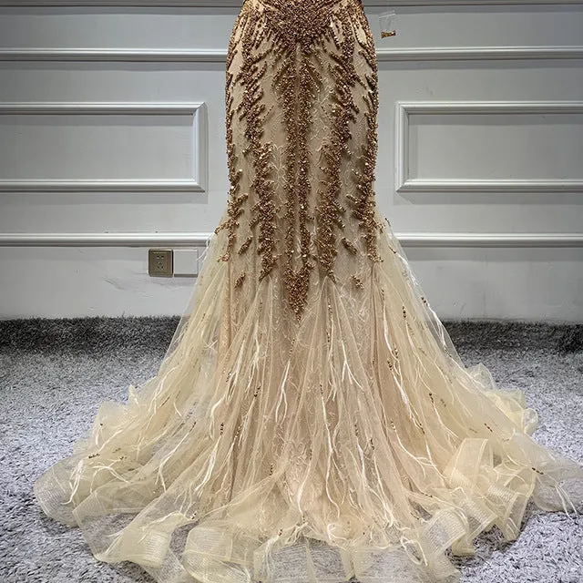 Newest Dubai Sexy Backless Fashion Evening Dresses Sleeveless Beading Sequined Formal Dress