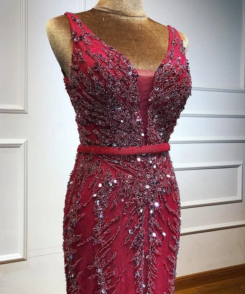 Newest Dubai Sexy Backless Fashion Evening Dresses Sleeveless Beading Sequined Formal Dress