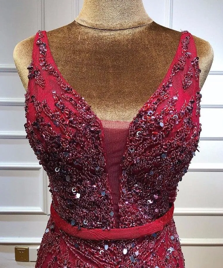 Newest Dubai Sexy Backless Fashion Evening Dresses Sleeveless Beading Sequined Formal Dress