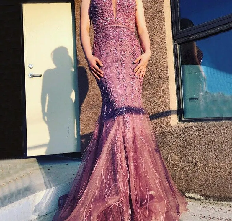 Newest Dubai Sexy Backless Fashion Evening Dresses Sleeveless Beading Sequined Formal Dress