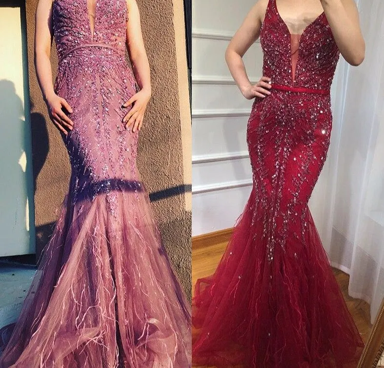 Newest Dubai Sexy Backless Fashion Evening Dresses Sleeveless Beading Sequined Formal Dress