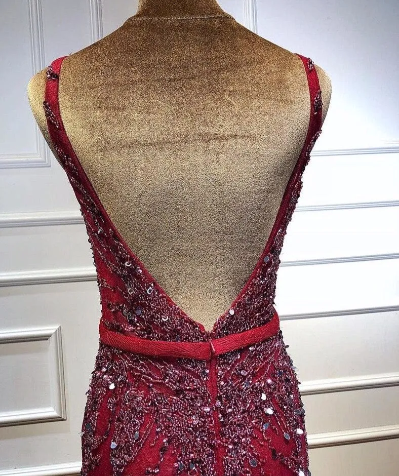 Newest Dubai Sexy Backless Fashion Evening Dresses Sleeveless Beading Sequined Formal Dress