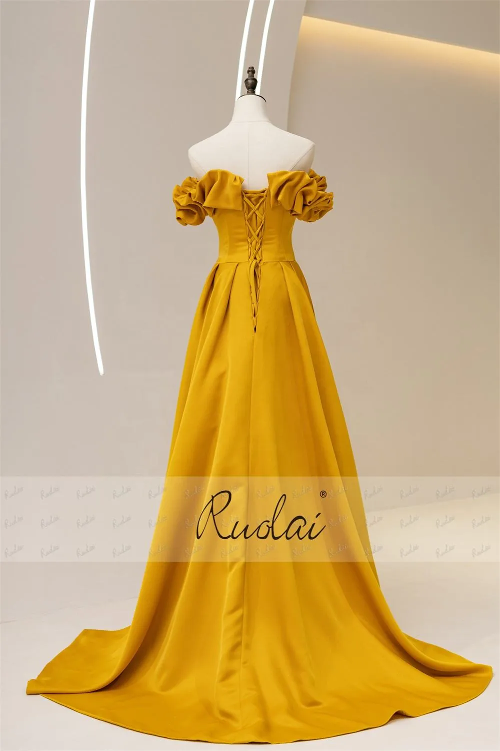 Off-Shoulder A-line Ruffles Lace-up Dress