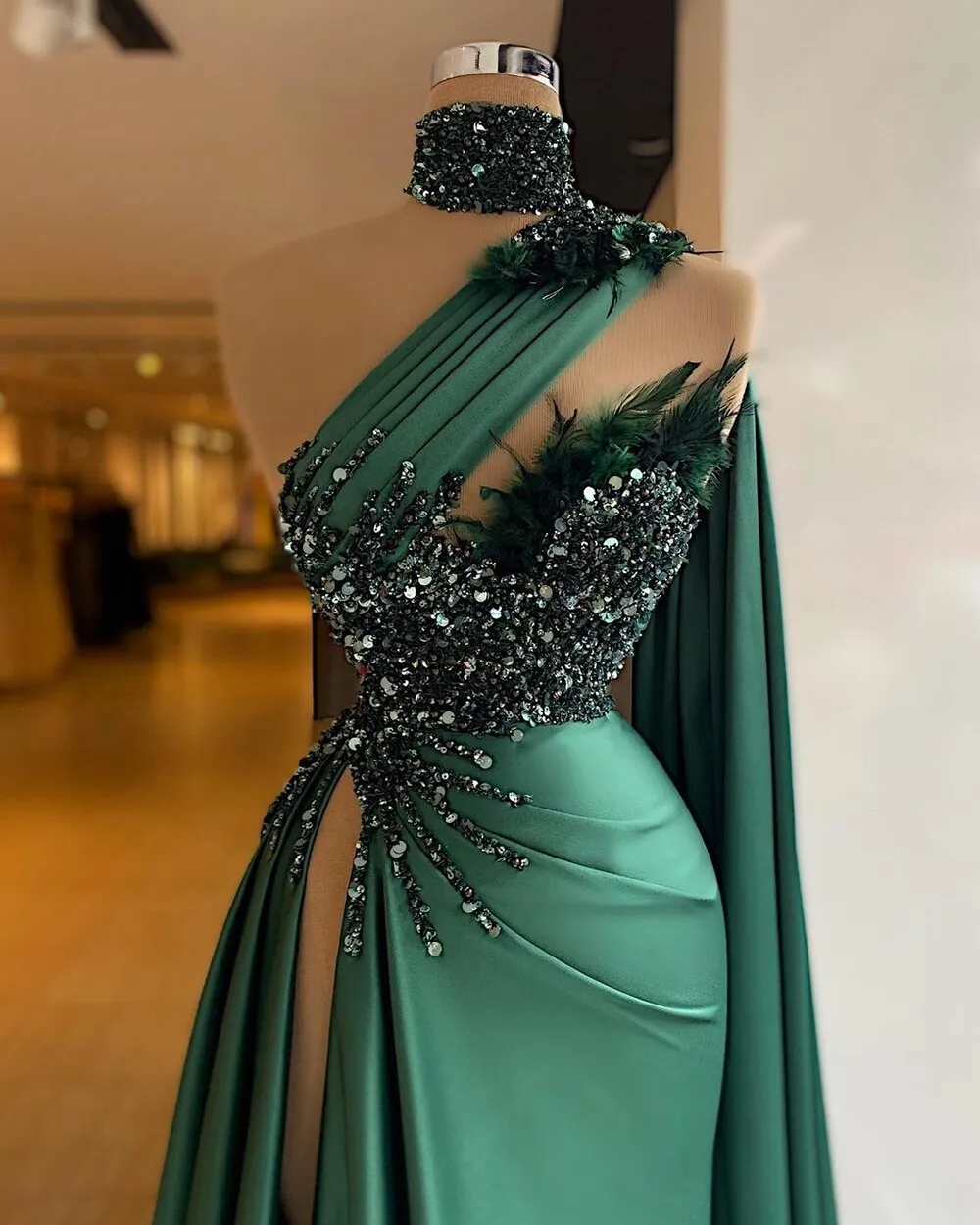 One Shoulder Dubai Satin Bead Feather Dress