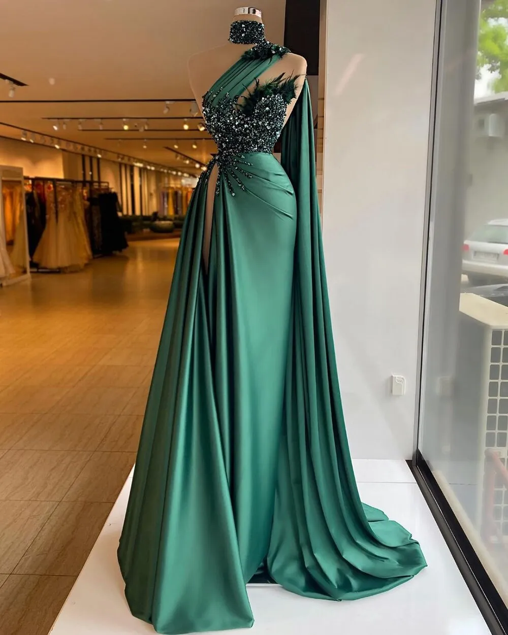 One Shoulder Dubai Satin Bead Feather Dress