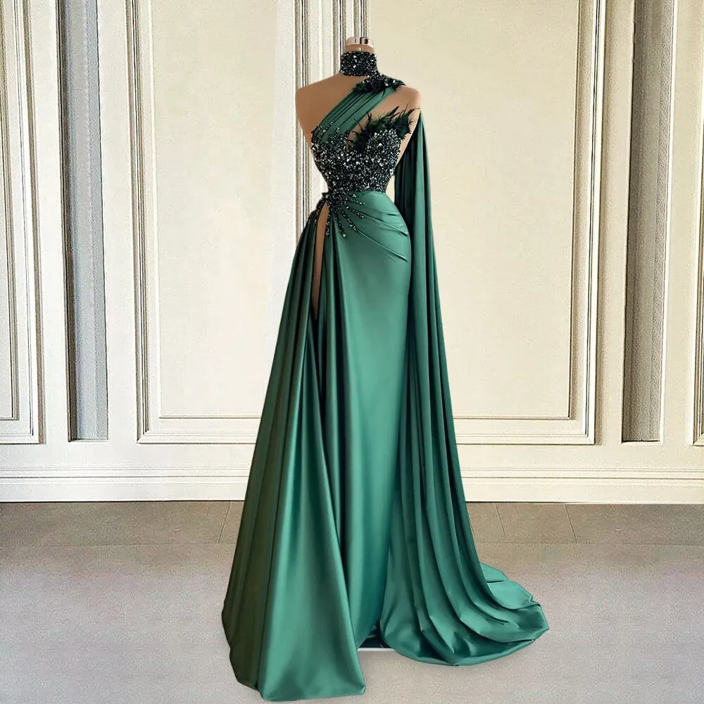 One Shoulder Dubai Satin Bead Feather Dress