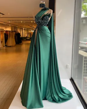 One Shoulder Dubai Satin Bead Feather Dress