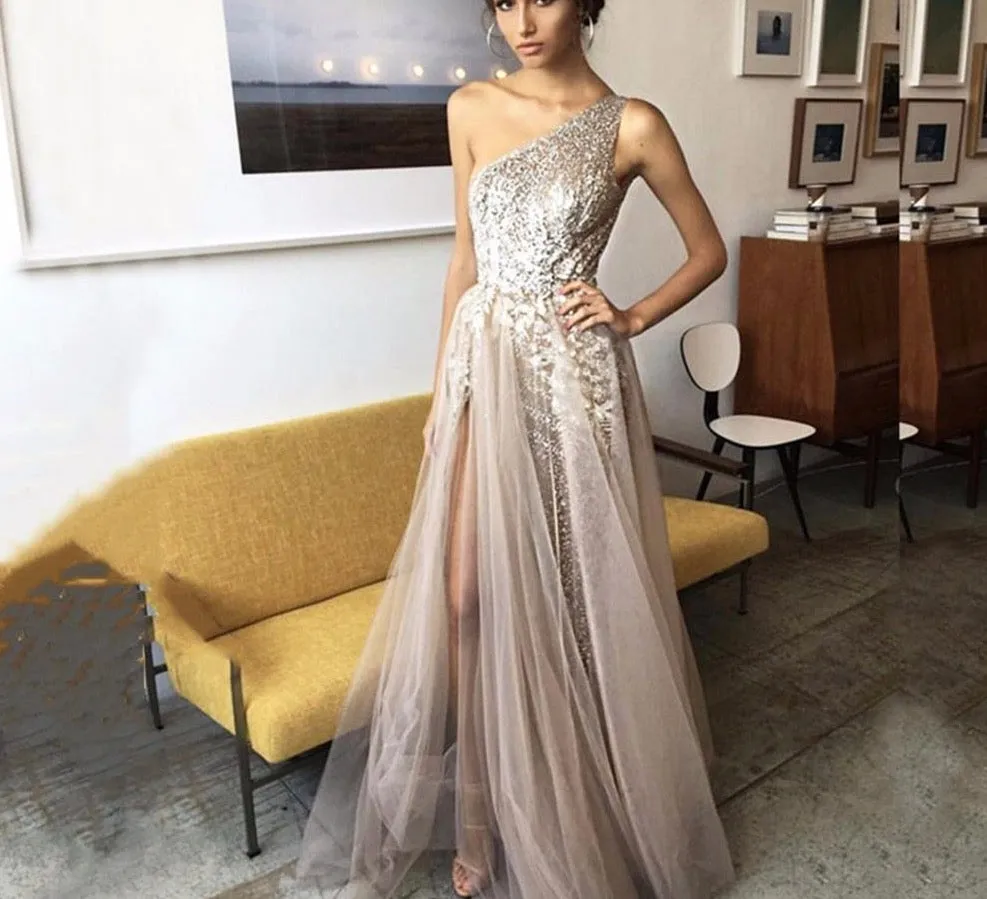 One Shoulder Sequin Evening Dress Long Prom Dress Shiny Sexy vestidos de fiesta Appliques Glitter Slight