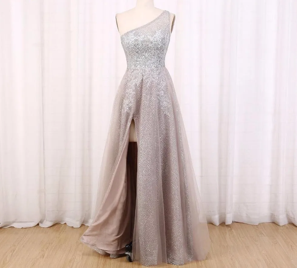 One Shoulder Sequin Evening Dress Long Prom Dress Shiny Sexy vestidos de fiesta Appliques Glitter Slight