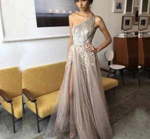One Shoulder Sequin Evening Dress Long Prom Dress Shiny Sexy vestidos de fiesta Appliques Glitter Slight