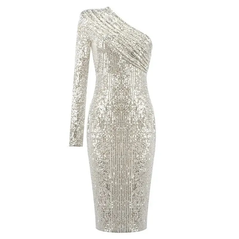 One-Shoulder Sequined Evening Dress - Sexy Nightclub Fashion
