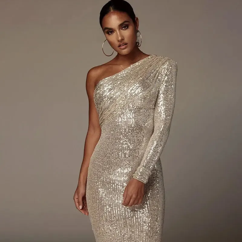 One-Shoulder Sequined Evening Dress - Sexy Nightclub Fashion