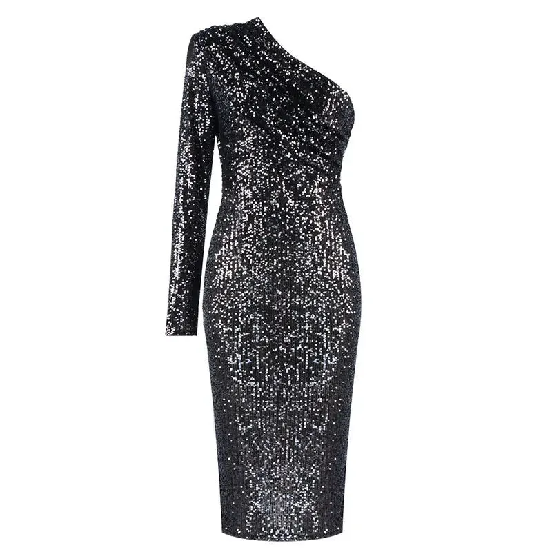 One-Shoulder Sequined Evening Dress - Sexy Nightclub Fashion