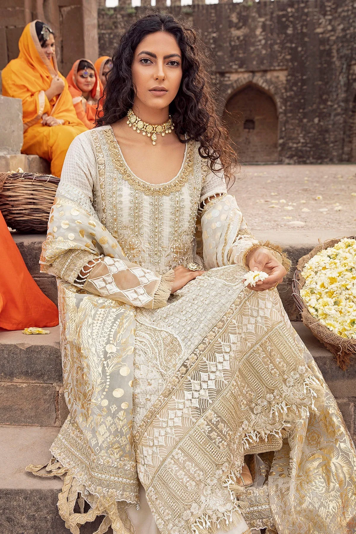 Pakistani Golden Embellished White Kameez Trousers Eid Dress