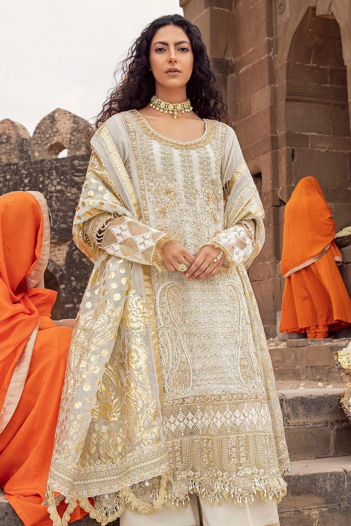 Pakistani Golden Embellished White Kameez Trousers Eid Dress
