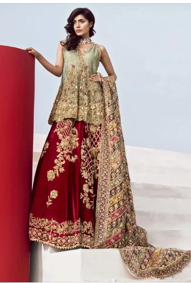 Pakistani Luxury Bridal Outfit in Red and Green Color #N7017