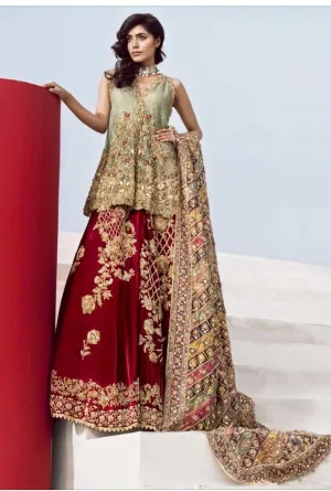 Pakistani Luxury Bridal Outfit in Red and Green Color #N7017