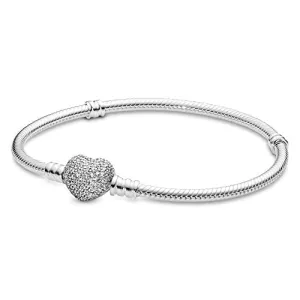 Pandora Jewelry Moments Sparkling Heart Clasp Snake Chain Charm Cubic Zirconia Bracelet in Sterling Silver, 6.3"
