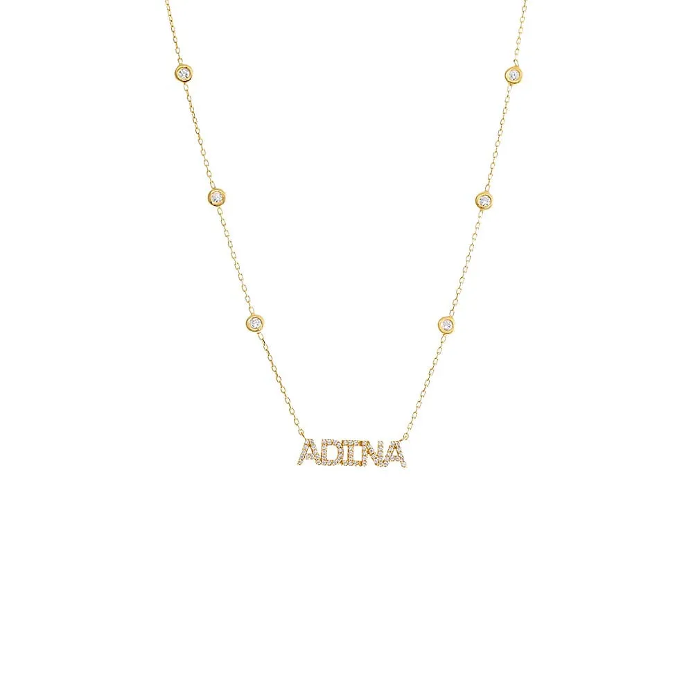 Pave Nameplate X CZ Bezel Chain Necklace