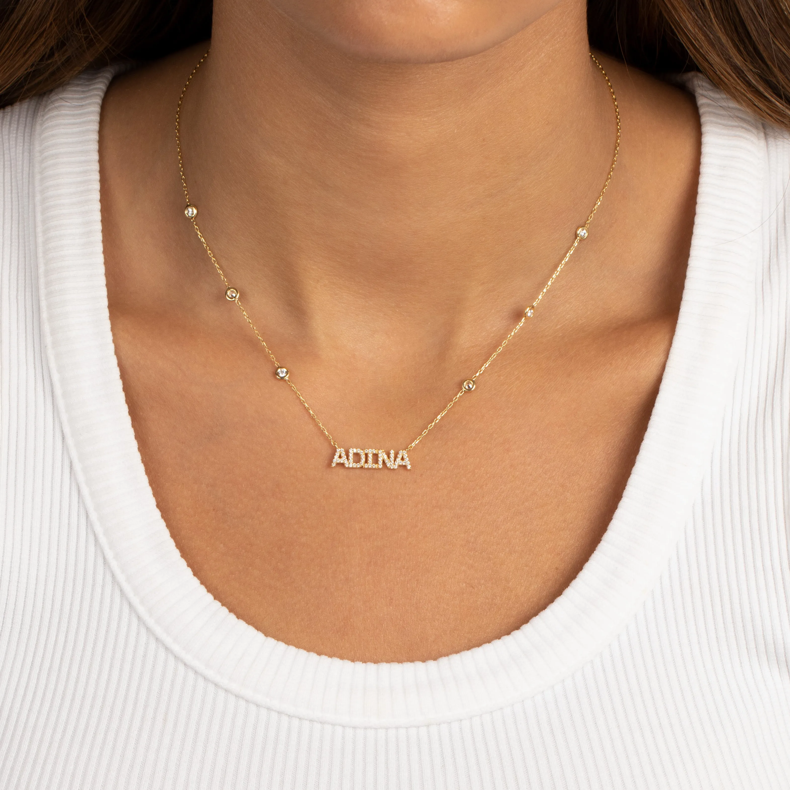 Pave Nameplate X CZ Bezel Chain Necklace
