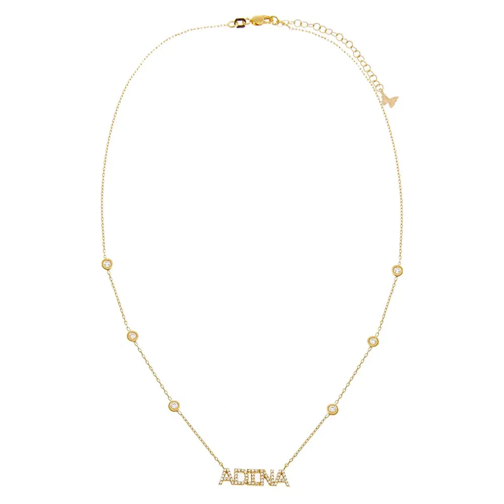 Pave Nameplate X CZ Bezel Chain Necklace