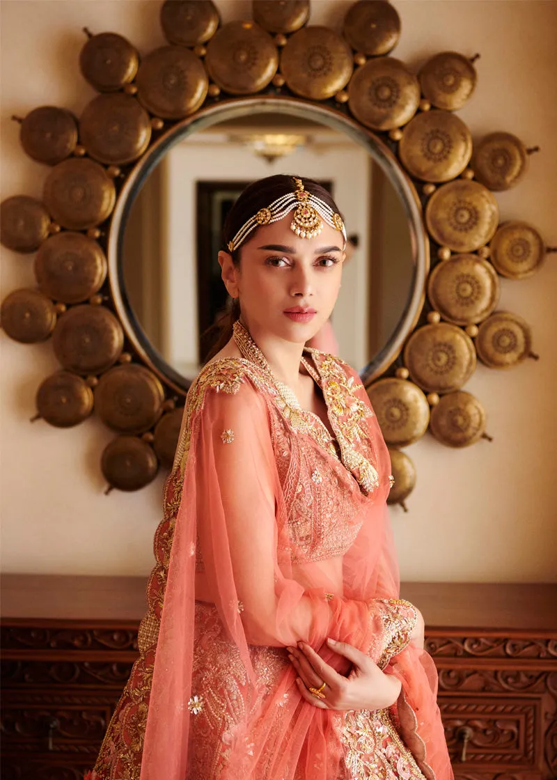 Peach Bridal Lehenga Choli Dupatta Dress in Net Fabric