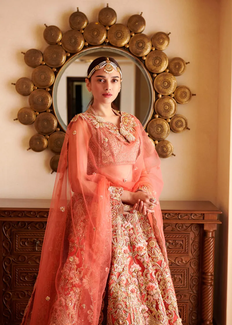 Peach Bridal Lehenga Choli Dupatta Dress in Net Fabric