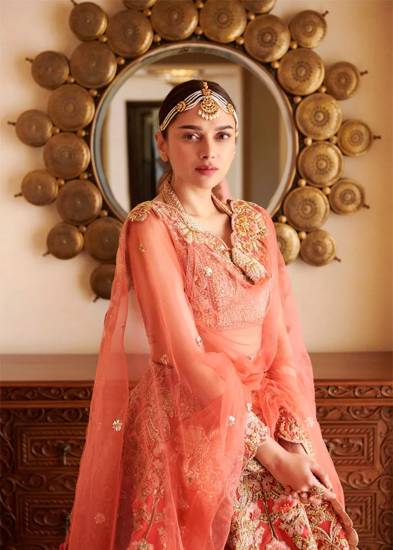 Peach Bridal Lehenga Choli Dupatta Dress in Net Fabric
