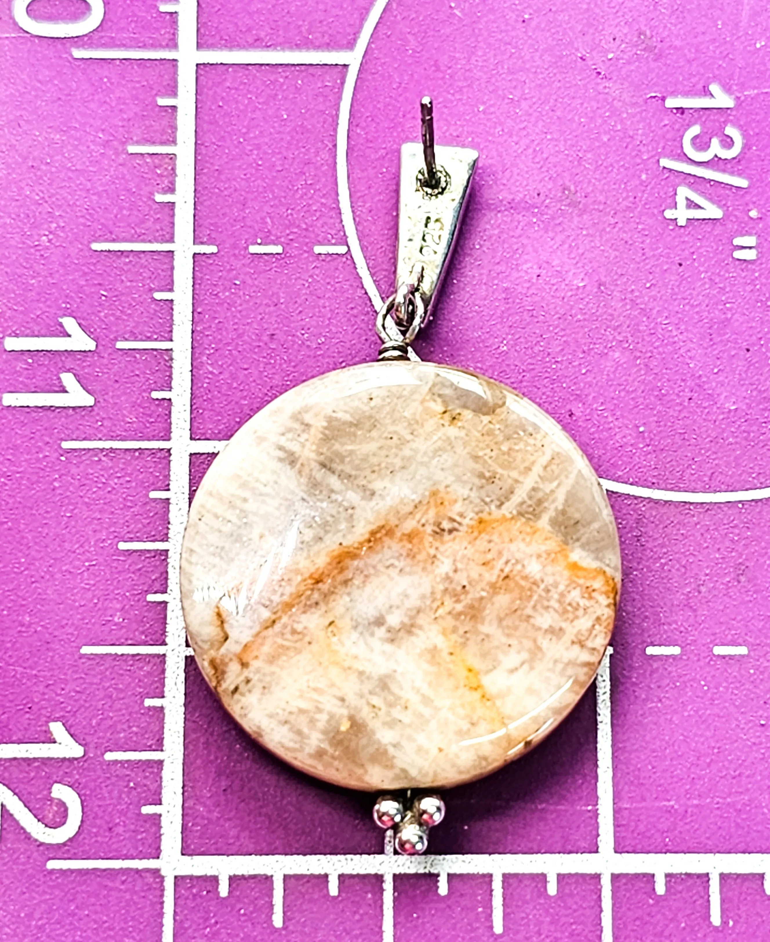 Peach moonstone silver sheen gemstone disk sterling silver vintage earrings