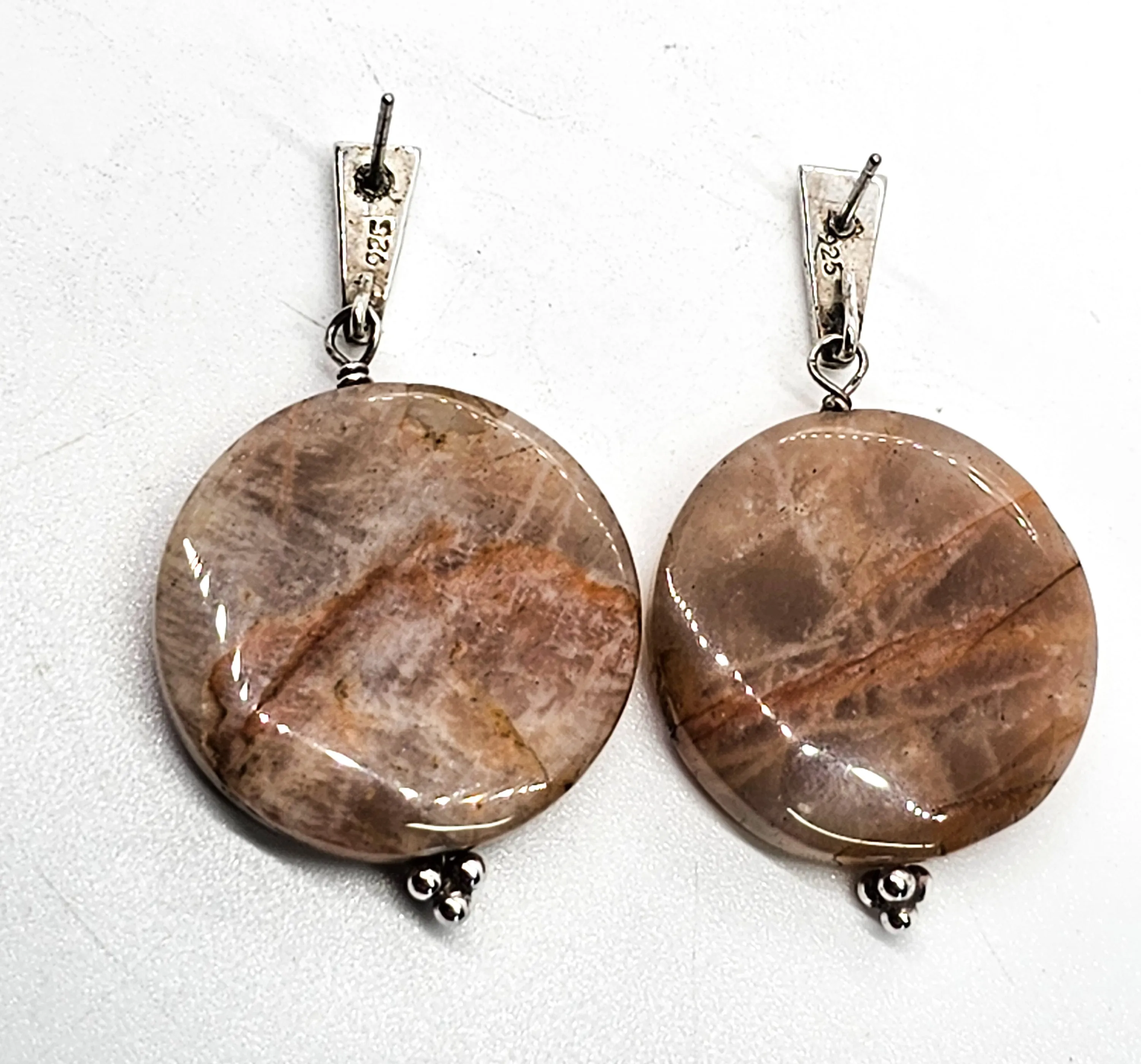 Peach moonstone silver sheen gemstone disk sterling silver vintage earrings
