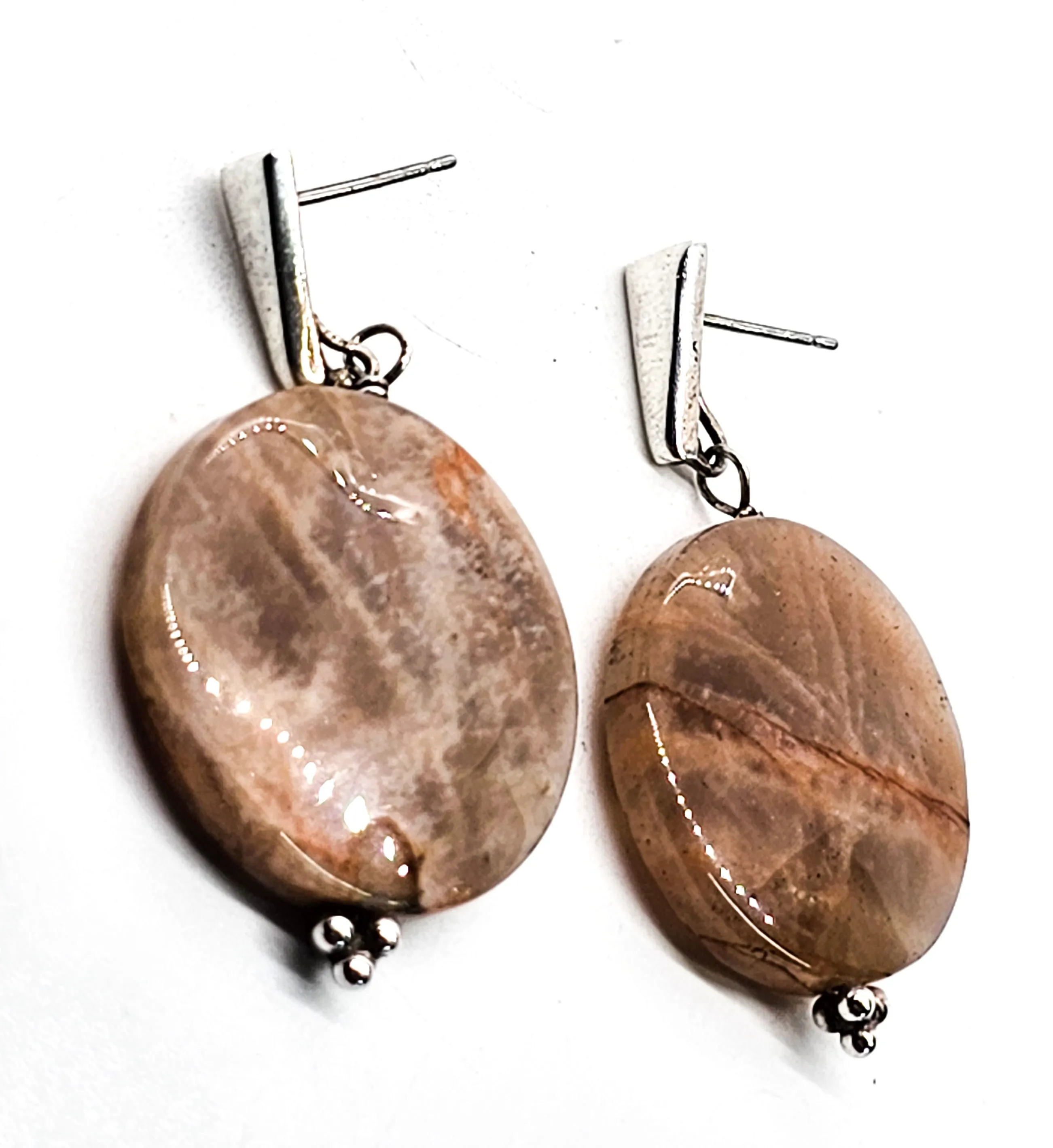 Peach moonstone silver sheen gemstone disk sterling silver vintage earrings
