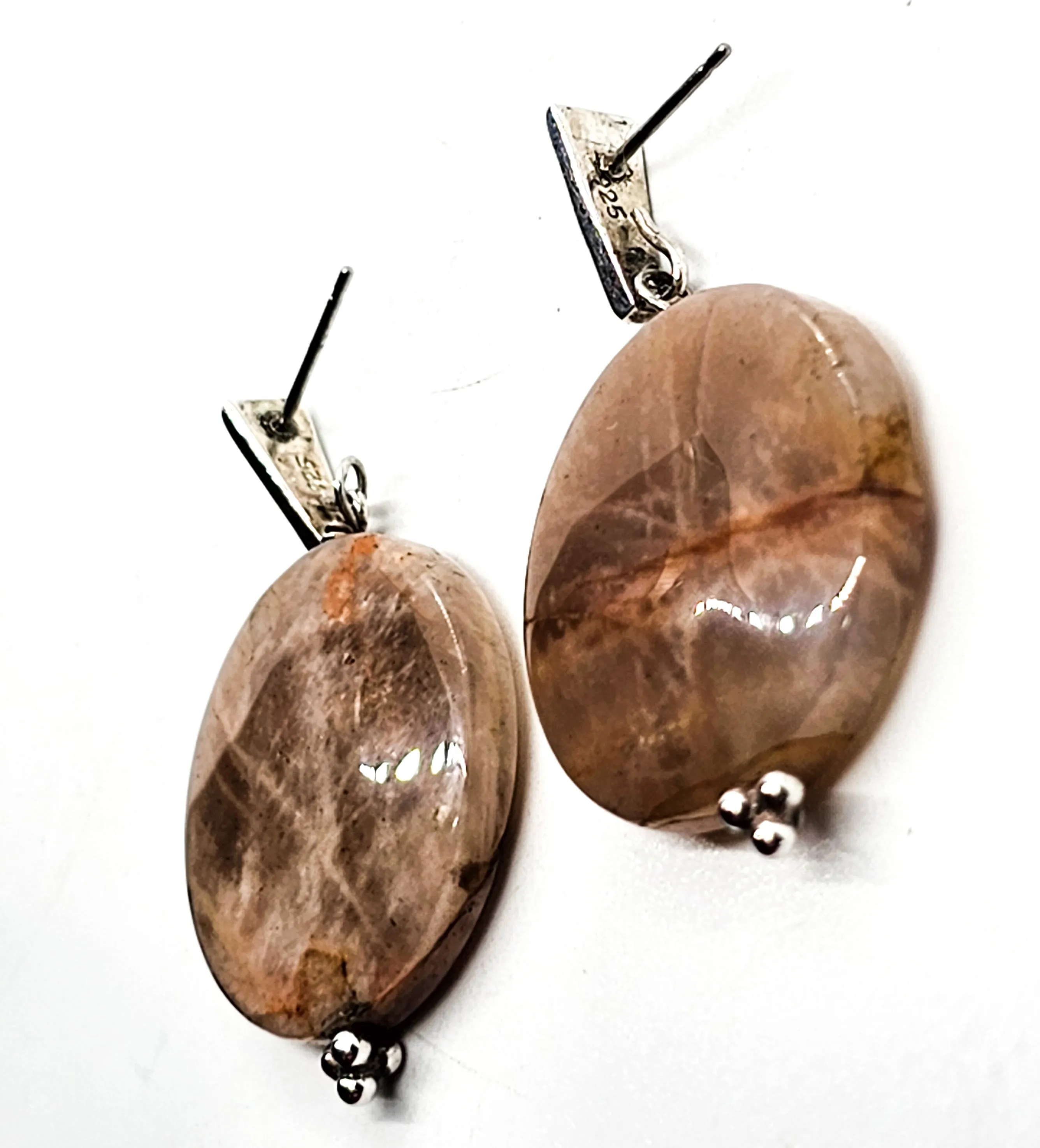 Peach moonstone silver sheen gemstone disk sterling silver vintage earrings