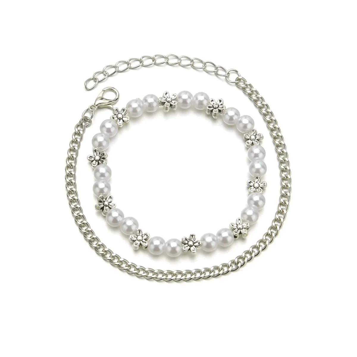 Pearl & Silver-Plated Floral Stretch Bracelet Set