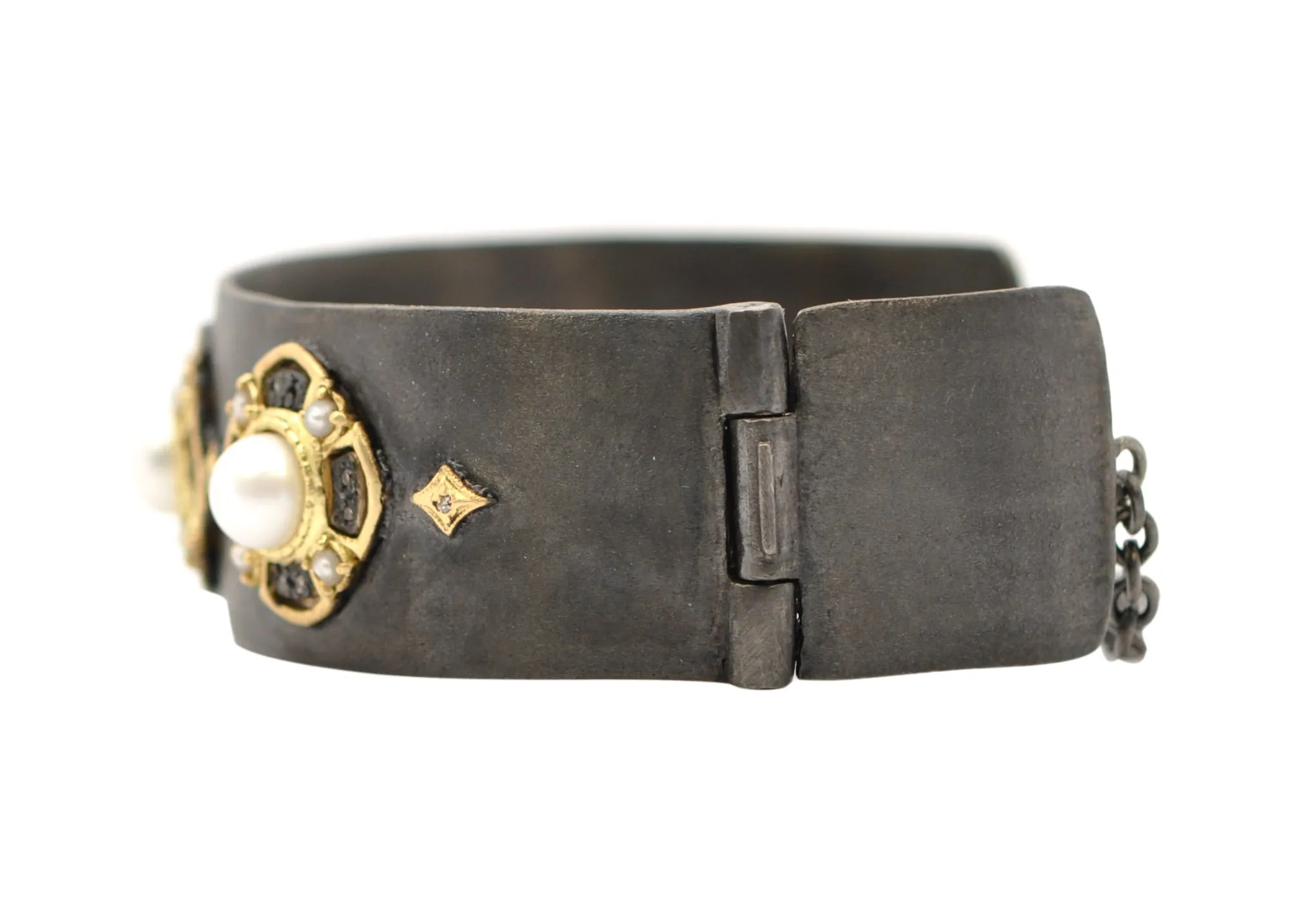 PEARL AND DIAMOND WIDE KICK CUFF BRACELET