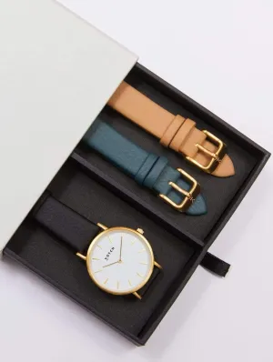 Petite Watch with Gold & Black Dial Gift Set | Multi Vegan Leather Straps