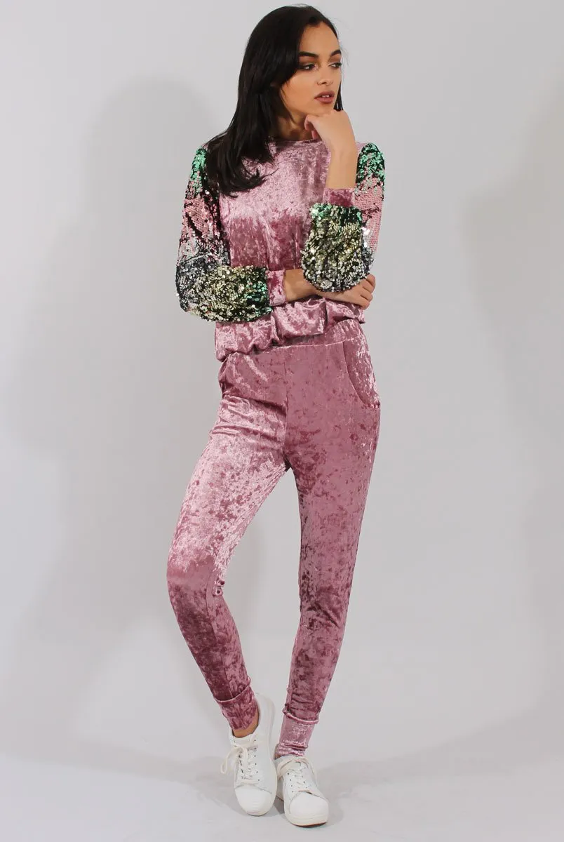 Pink Crushed Velvet Sequined Tracksuit - Rosita