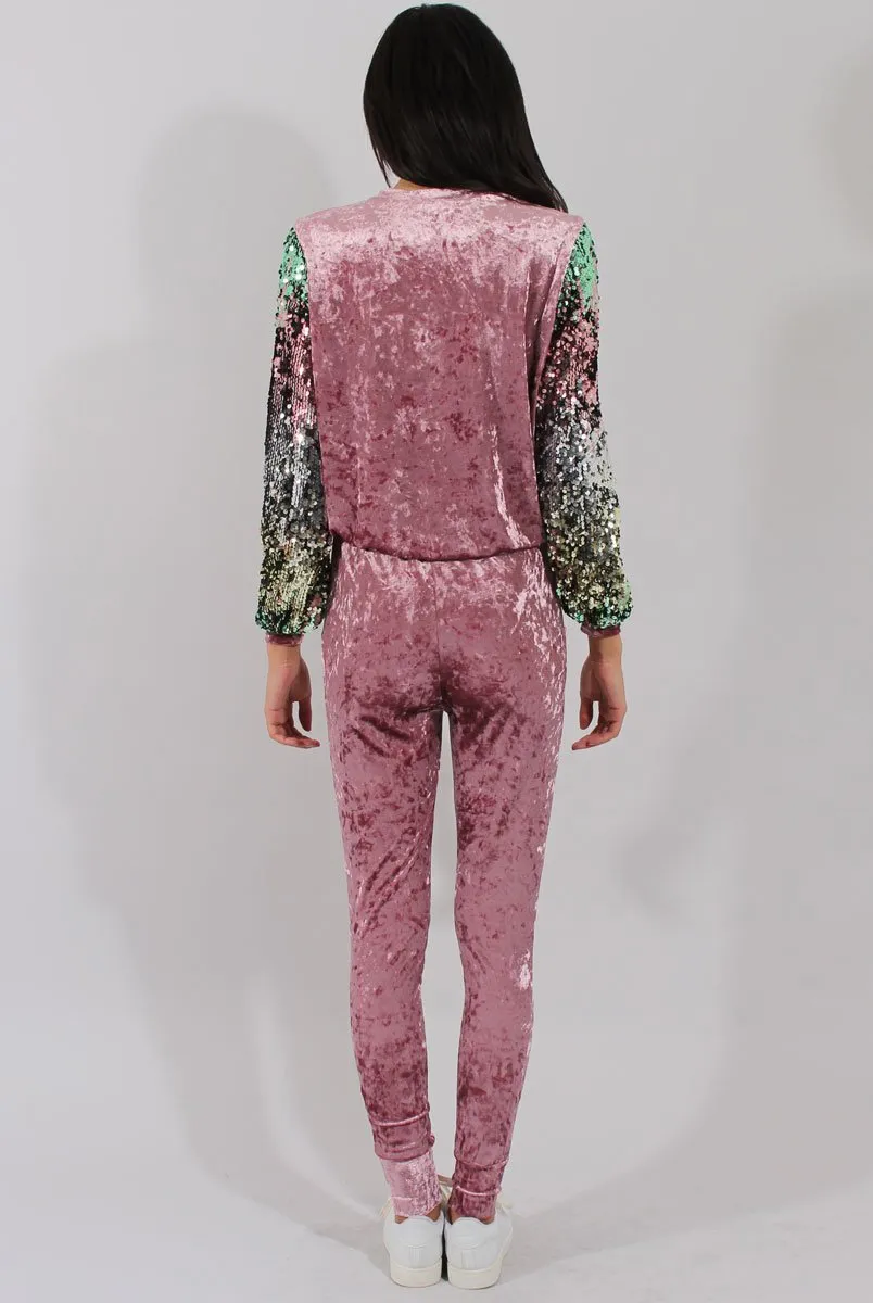 Pink Crushed Velvet Sequined Tracksuit - Rosita