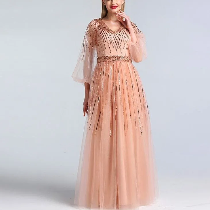 Pink V-Neck Evening Dresses Sequined Long Sleeves