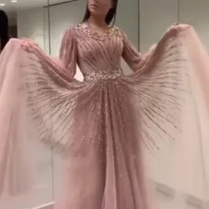 Pink V-Neck Evening Dresses Sequined Long Sleeves
