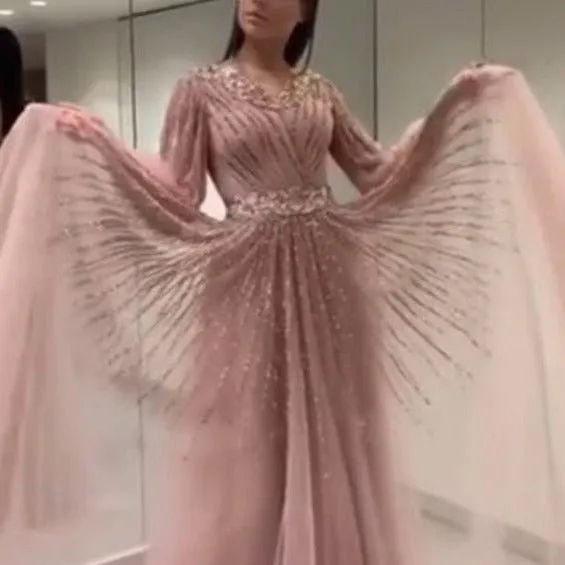 Pink V-Neck Evening Dresses Sequined Long Sleeves
