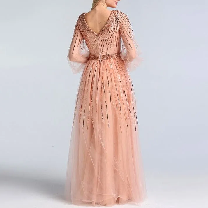Pink V-Neck Evening Dresses Sequined Long Sleeves