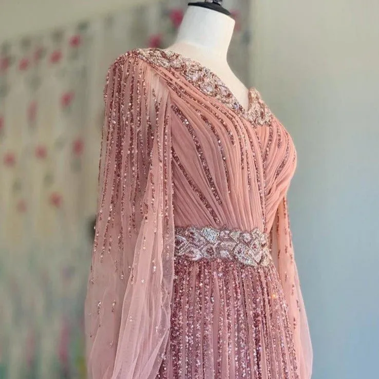 Pink V-Neck Evening Dresses Sequined Long Sleeves
