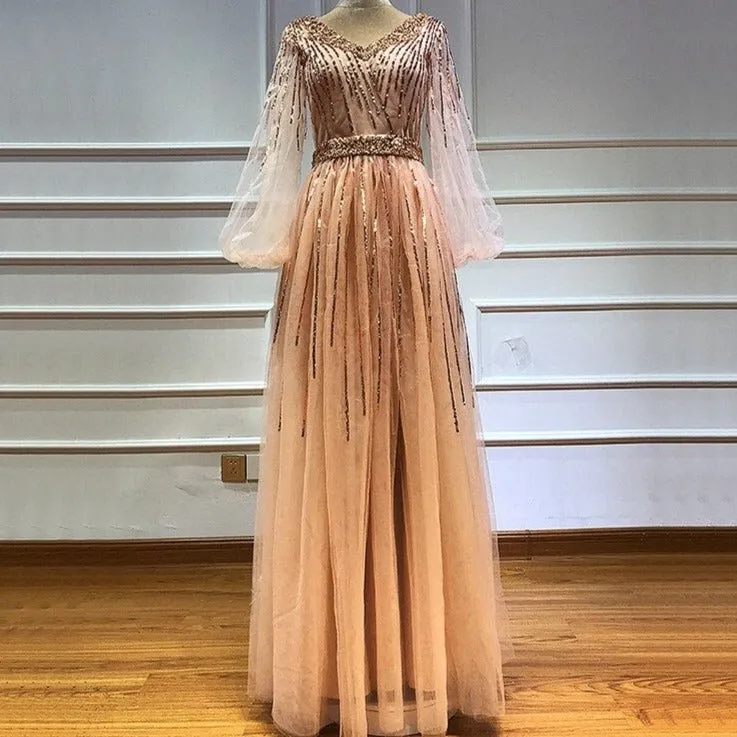 Pink V-Neck Evening Dresses Sequined Long Sleeves